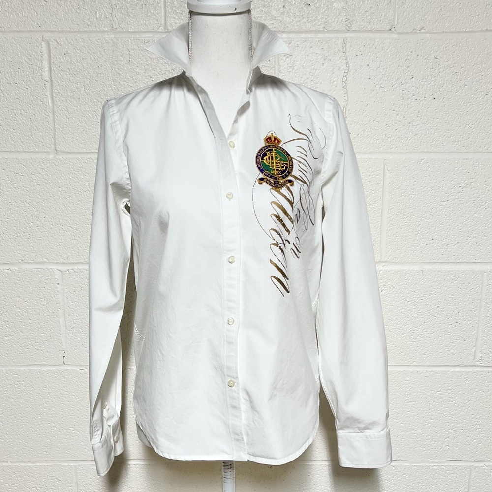 LAUREN Ralph Lauren White Cotton Tailored Shirt w/Distressed Logo & Medallion XS